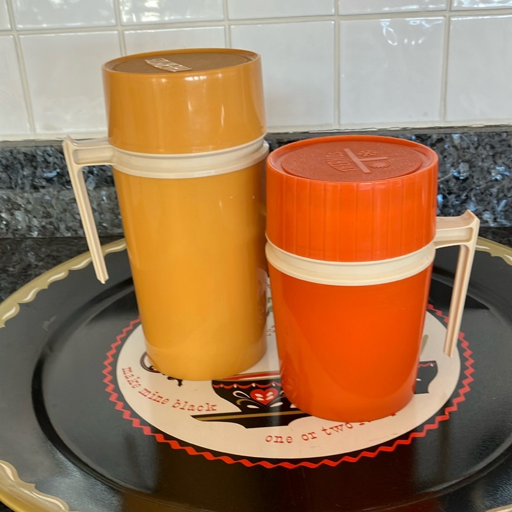 Vintage THERMOS Insulated Thermos Pair For Hot/Cold. Yellow 1pt., Orange 10 oz.